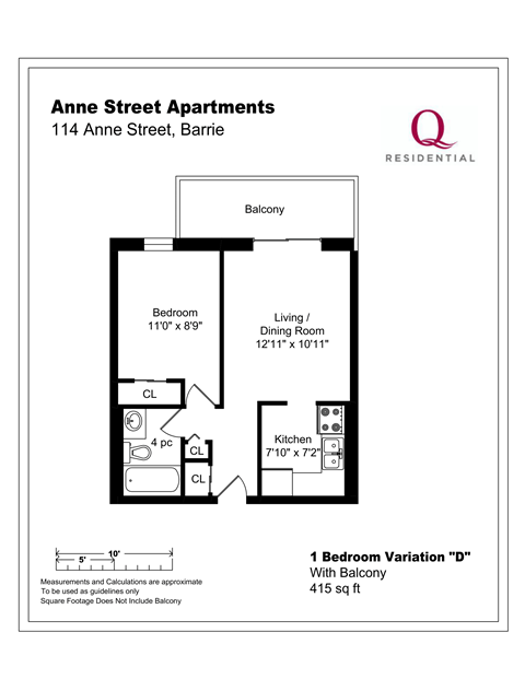 Floor plan for 1 bed, 1 bath